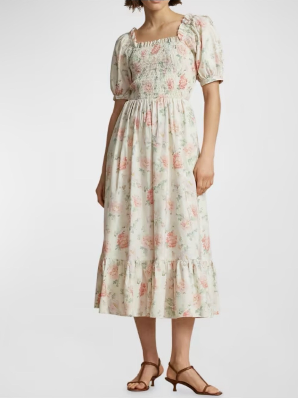 Polo Ralph Lauren Smocked Square-Neck Midi Dress - Cream with Pink Floral size s